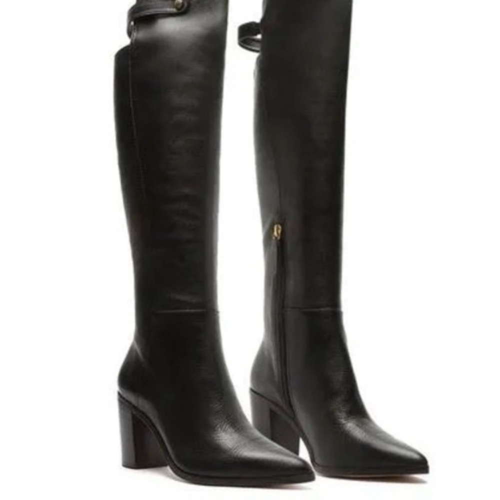 Classic Black Leather Knee-High Block Heel Boots